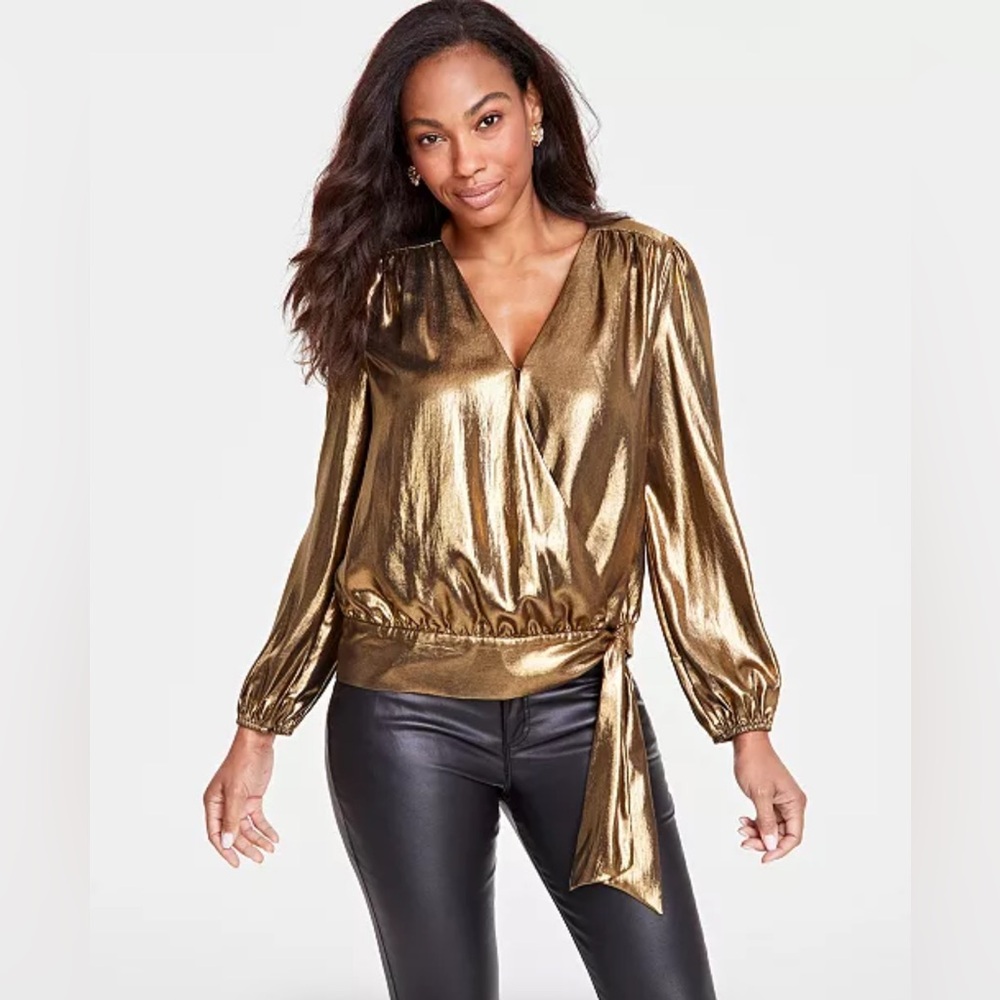 I.N.C. International Concepts Women's Foil Tie-Waist Gold Blouse